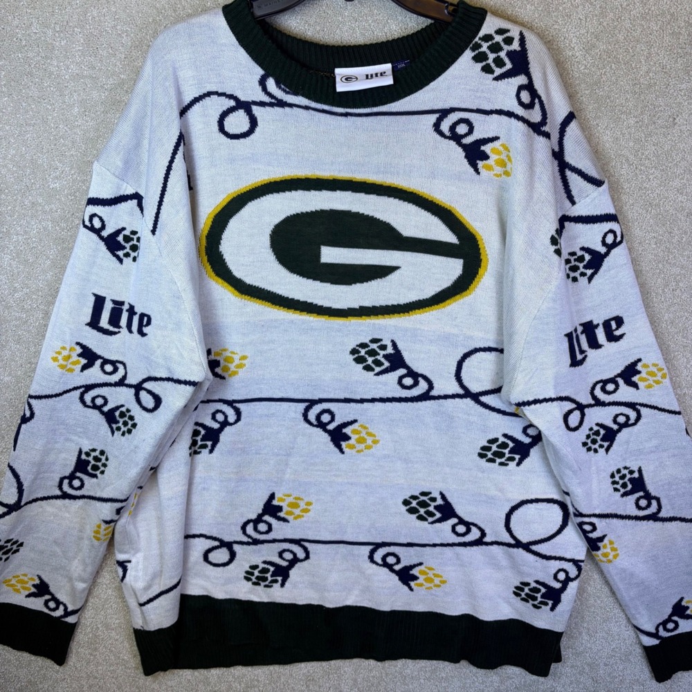 Miller Lite Green Bay Packers Sweater Mens XXXL White Green Hops Logo Knit